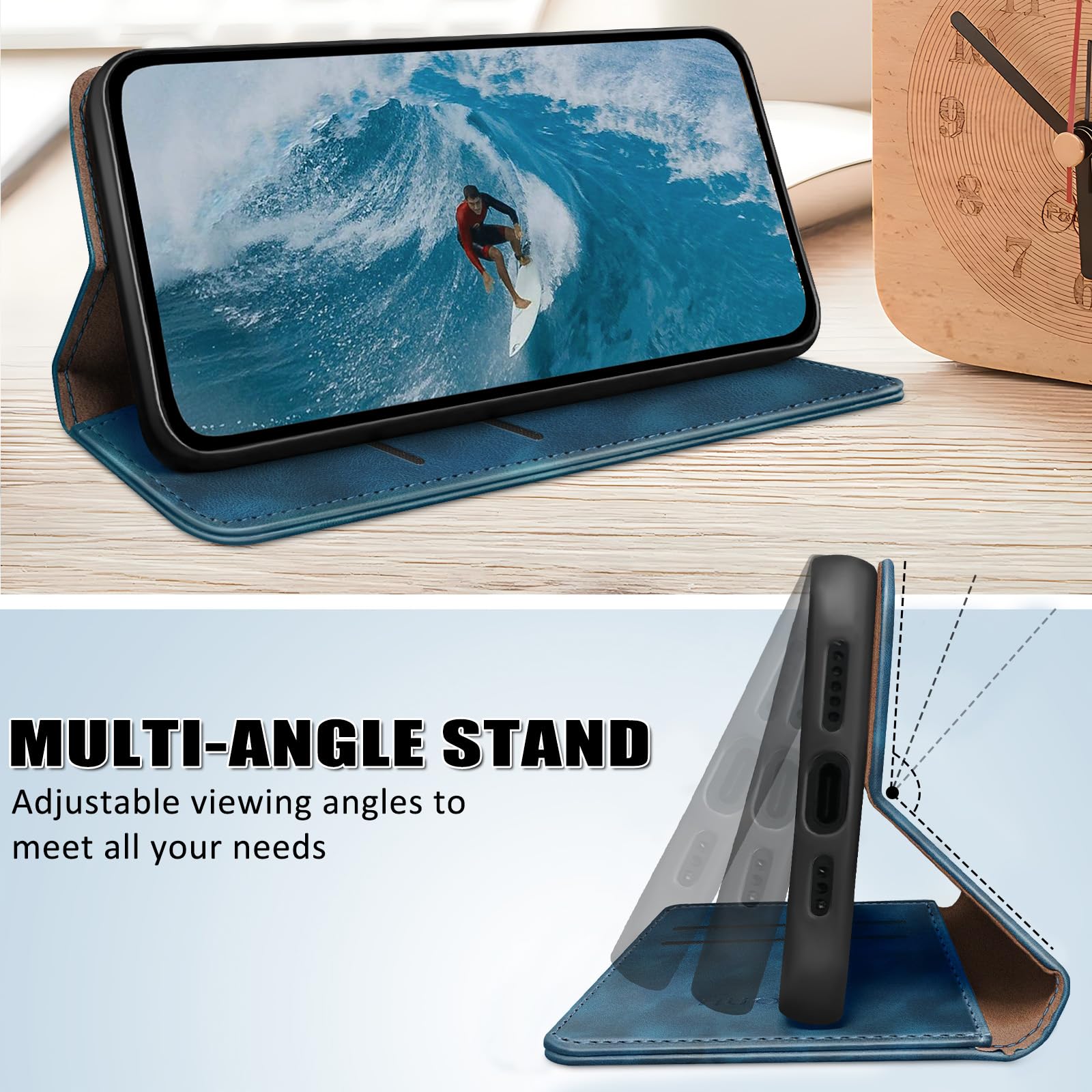 Custodia A Portafoglio Con Blocco RFID Per Xiaomi Redmi Note 14 Pro 5G - Pelle PU, Antifurto, Slot Carte E Supporto - Azzurro - 3