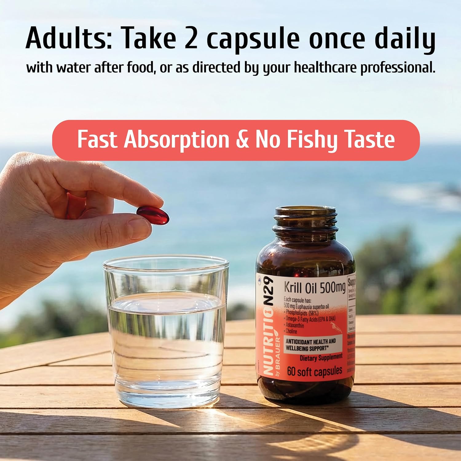 Antarctic Krill Oil 500mg softgels,Omega 3 Fatty Acid Supplements with EPA & DHA,Astaxanthin,Phospholipid for Heart Brain Joint Skin Support,No Fishy Burps,60 softgels