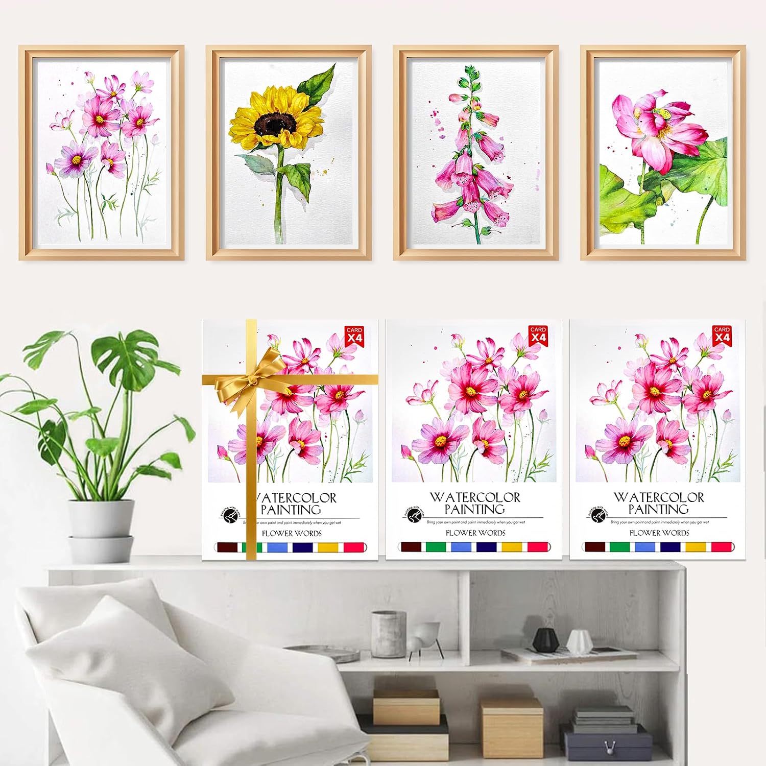 12.6" x 8.9" Watercolor Workbook for Adults, Relax Paint Coloring Book | Water Coloring Book with 4 Floral Drawings (300GSM Paper) 2 Pigment Card and 1 Brush (Flower Words)