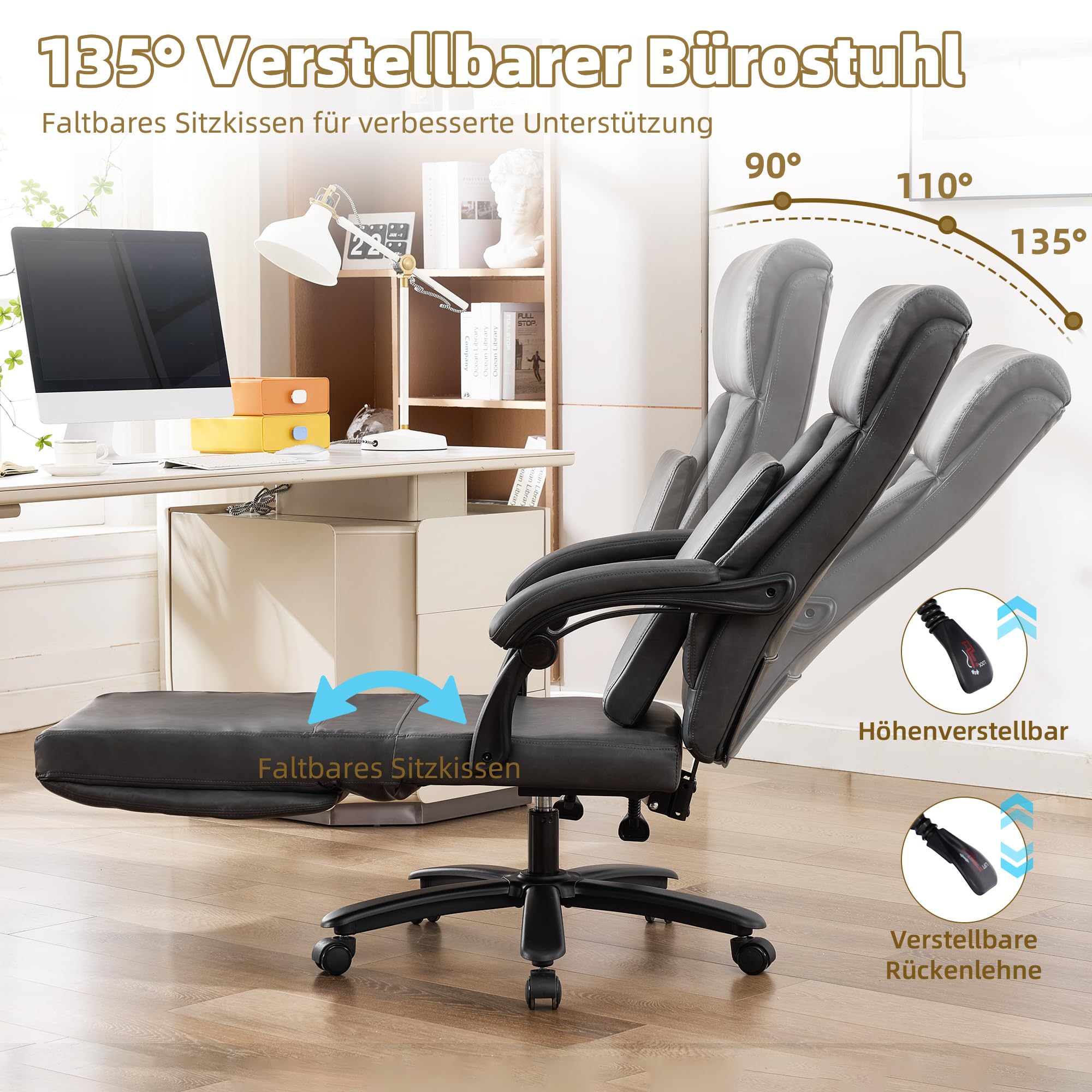 Bürostuhl mit Massage, Ergonomischer Kunstleder Chefsessel mit 135° Liegefunktion, Höhenverstellbar Drehstuhl mit Klappbarer Sitzfläche, Gepolstertem Lendenkissen Schreibtischstuhl (Schwarz)