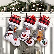 ElegantPark Christmas Stockings 3 Pack Burlap Christmas Stockings Large Xmas Santa Snowman Stockings for Holiday Farmhouse Fireplace Hanging Decorations Grey Plaid Christmas Stockings for Family Kids