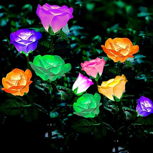 Paquete de 2 luces solares para exteriores, 10 rosas grandes, luces LED solares realistas para jardín, impermeables, 7 luces solares que cambian de
