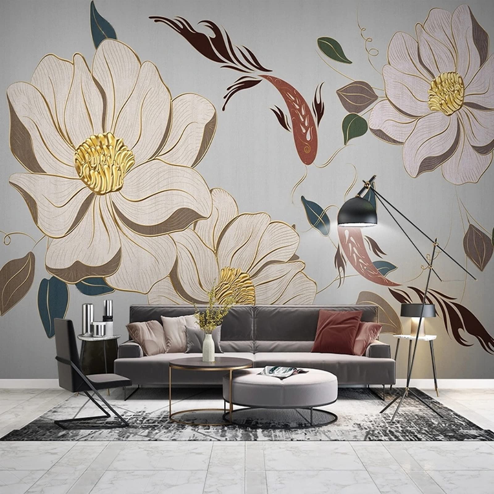 Peinture murale fleurs koi dorées papier peint 400x280cm pour salon et chambre
