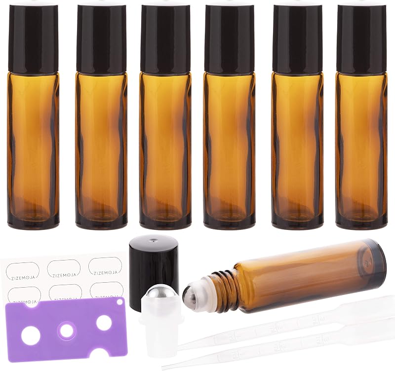 ZIZEMOJA Frascos âmbar com aplicador roll-on de 10 mL, 6 unidades, com esferas de aço inoxidável