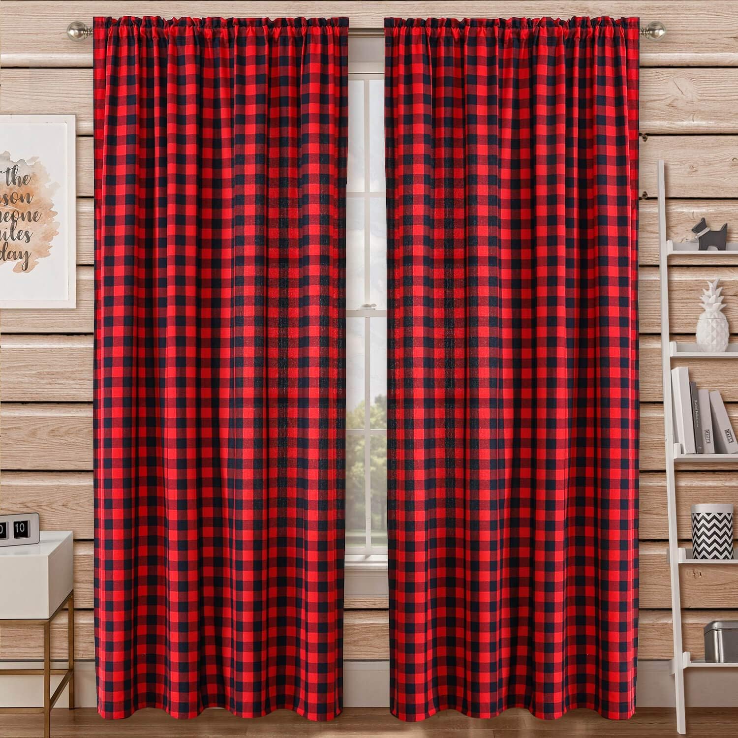WUBODTI Christmas Red Plaid Curtains 84 Inch Length Red and Black Buffalo Plaid Curtain 2 Panels,Farmhouse Buffalo Checkered Light Filtering Curtain Drapes for Living Room Bedroom Dining Room
