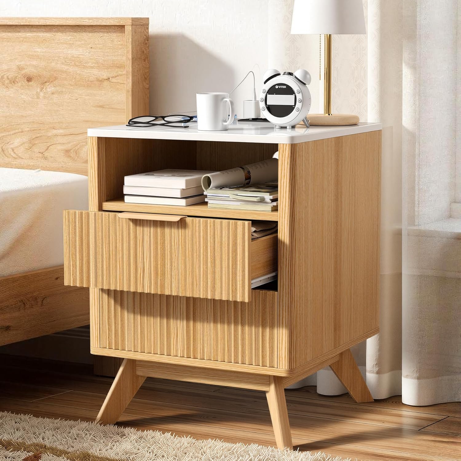 Nightstand,Side Table with Charging Station,Bedside Tables with Drawer,Mid-Century End Tables Set (1-Piece),Natural Oak