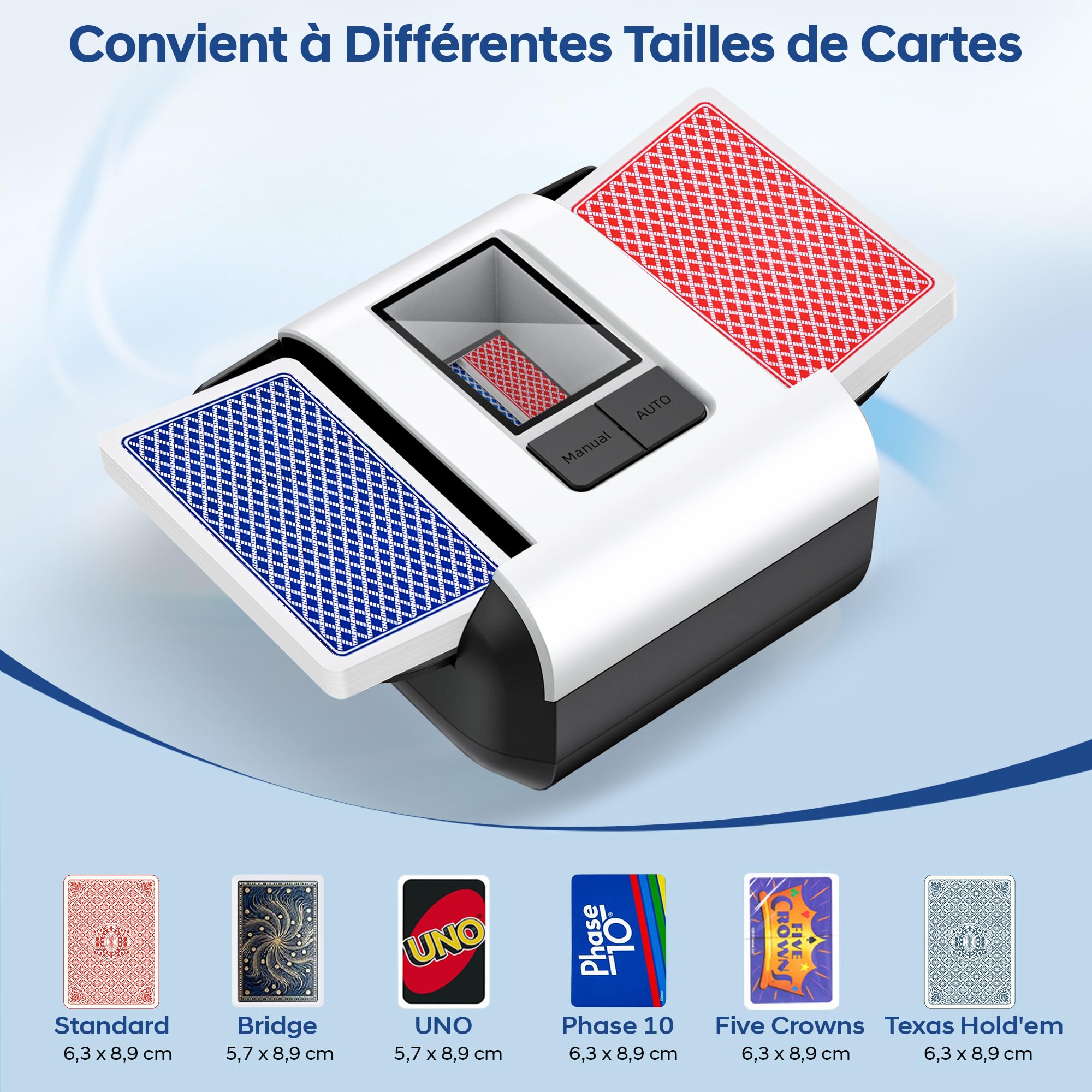 Mélangeur de Cartes Automatique Électronique 1-2 Jeux, Rechargeable Mélangeur automatique de cartes Auto/Manuel, Portable Mélange Silencieux Rapide pour UNO Poker Blackjack Texas Hold'em Bridge