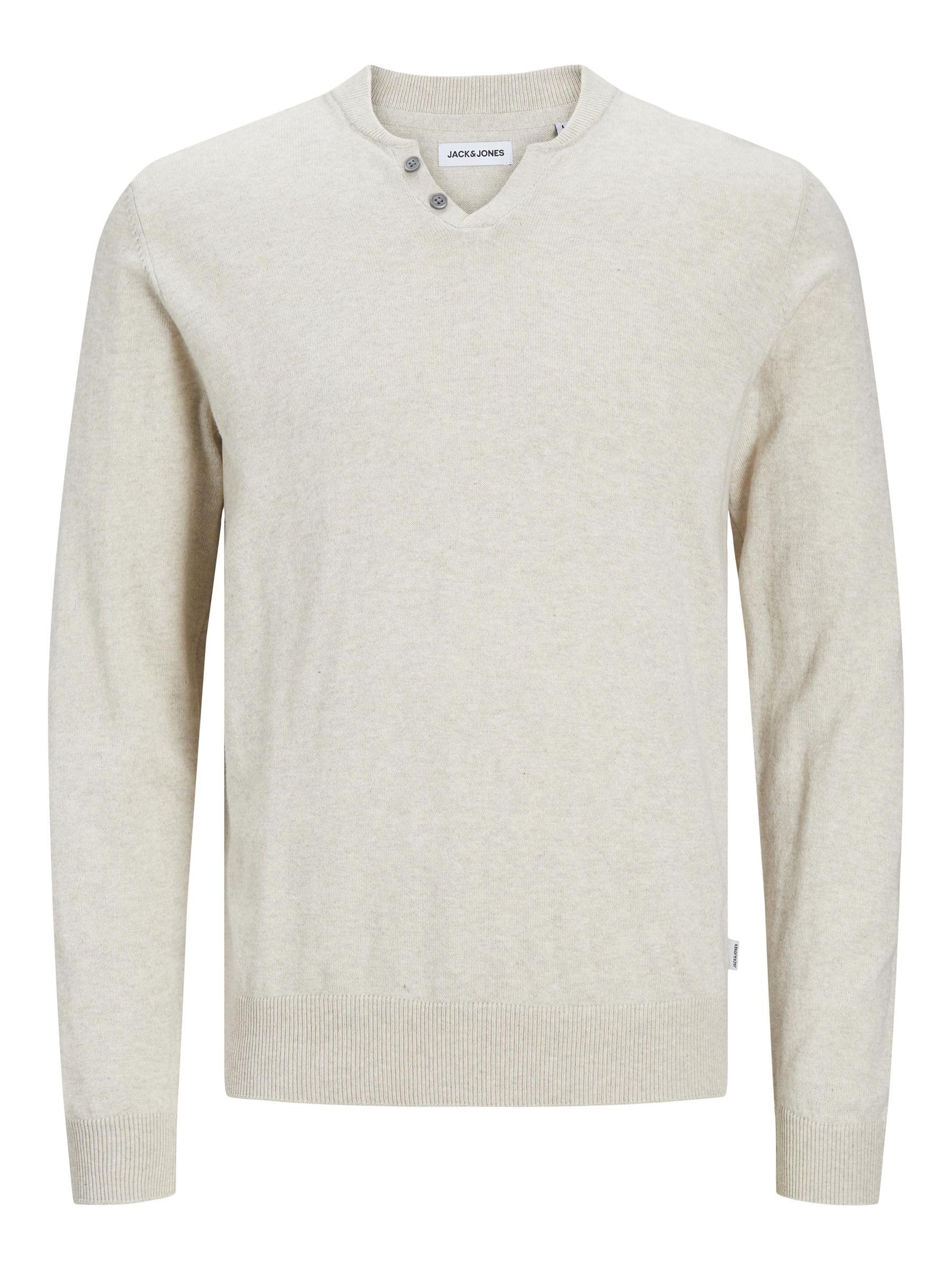 JACK & JONES Men's Jjeemil Knit Split Neck Sn Jumper, Oatmeal, L