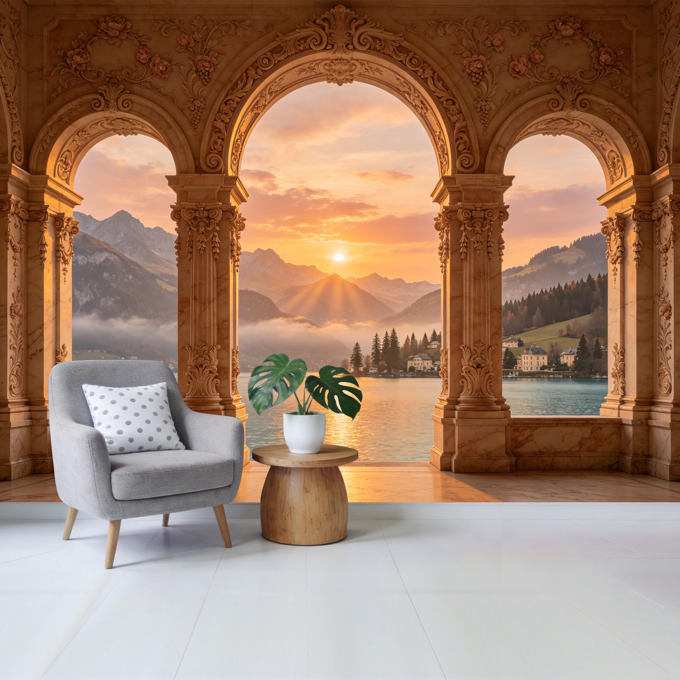 Removable Self Adhesive Fabric Mural， Neoclassical Architectural Arch Mountain Lake Sunset Custom Size Wall Covering， UV Protected Waterproof Washable Wall Decor for Living Room Bedroom
