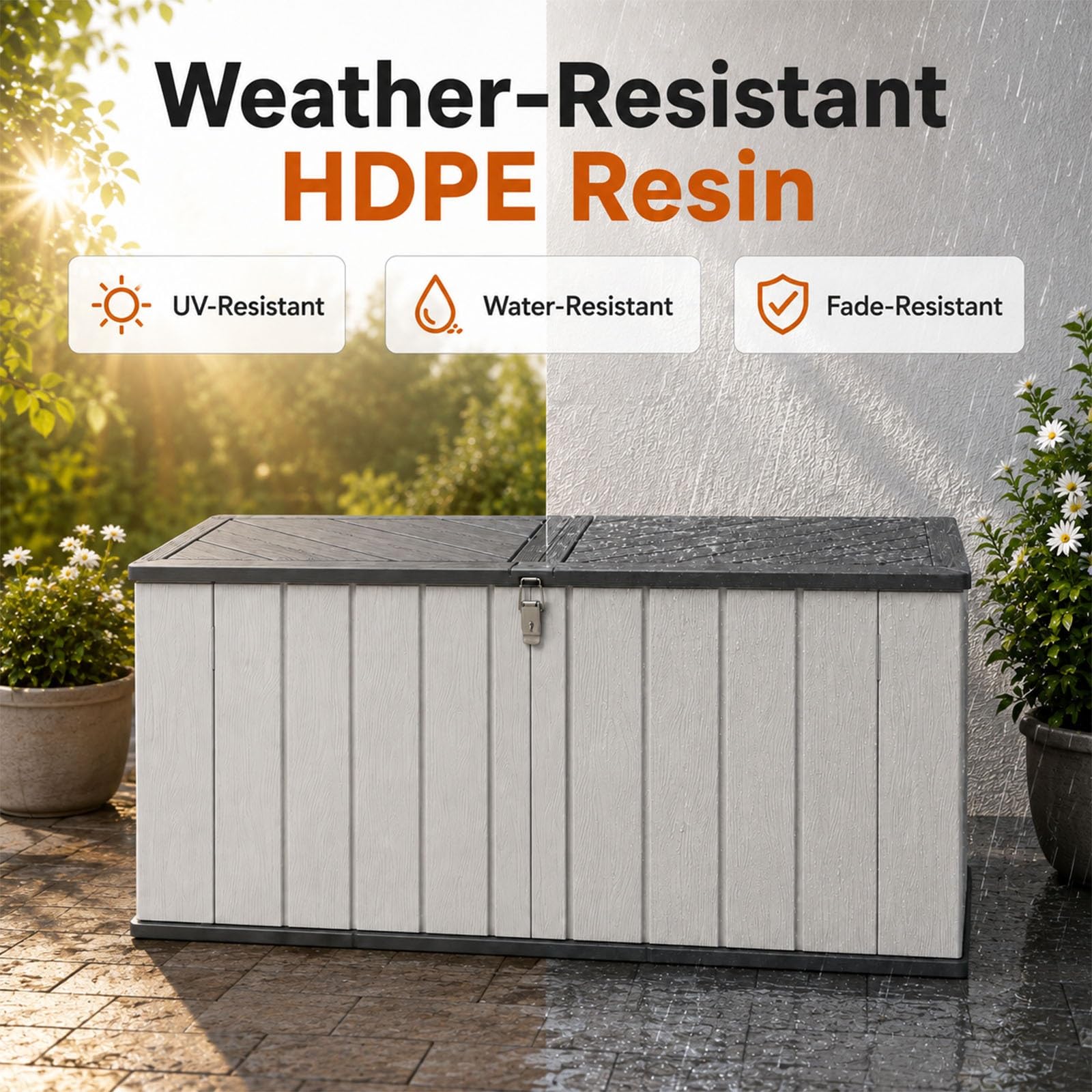 Generico Baule da esterno in HDPE con coperchio bloccabile a gas | Ampia capacità di 21 piedi³ con coperchio a gas per facile accesso a cuscini, attrezzi e accessori esterni(Gray)