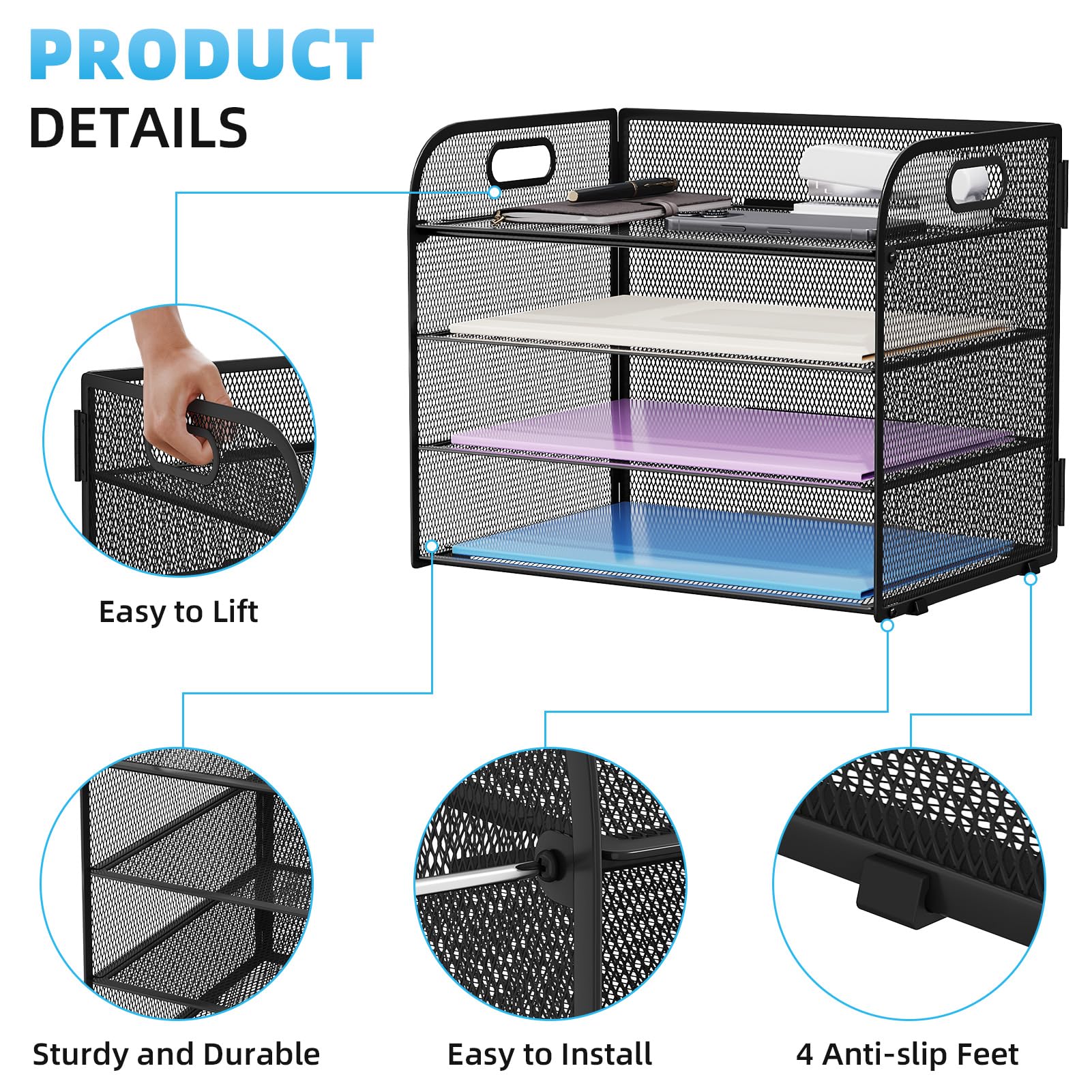 Marbrasse Schreibtisch Ablagen Organizer,4-Stufige Brief Papier Ablage mit Griff,Metall Gitter Design für Schreibtisch,Büro,Hause,Aufbewahrung für A4 Dateien und Dokumenten(Schwarz)