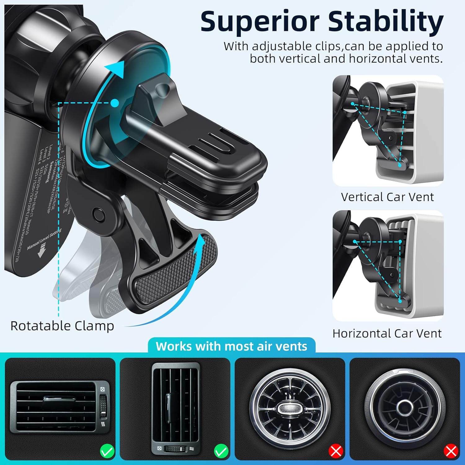 Nalwort Wireless Car Charger Auto Clamping with Air Vent and Dashboard Mount 15W Qi Fast Charge Wireless Car Charger Mount for iPhone 14/14 Pro Max/13, Samsung S21/S20/S10/S9, Note 20