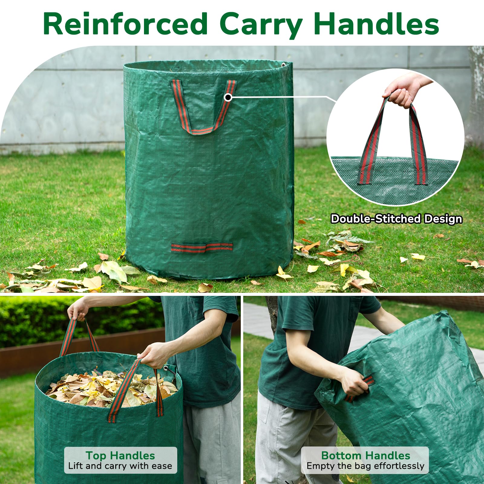 GreatBuddy Bolsa de basura reutilizable de 132 galones, resistente, bolsas verticales para césped con 4 asas reforzadas para recoger hojas de jardín y residuos, ligera
