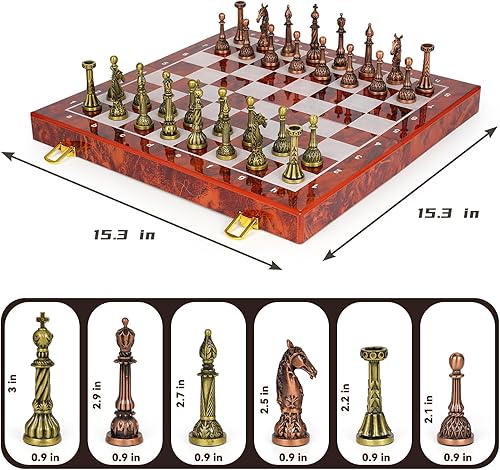Miniatura 6 de Juego de ajedrez de metal vintage para adultos y niños, tablero de ajedrez plegable de mármol con almacenamiento, elegante juego de ajedrez de viaje