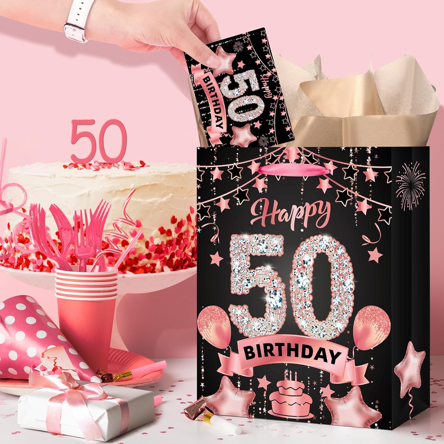 Rumia Rose Gold 50th Birthday Gift Bag with Happy 50th Birthday Greeting Card and Tissue Paper for Women Rose Gold Christmas 50th Bday Gift Wrap Bag for 50 Years Old Party Decorations Supplies - Image 4