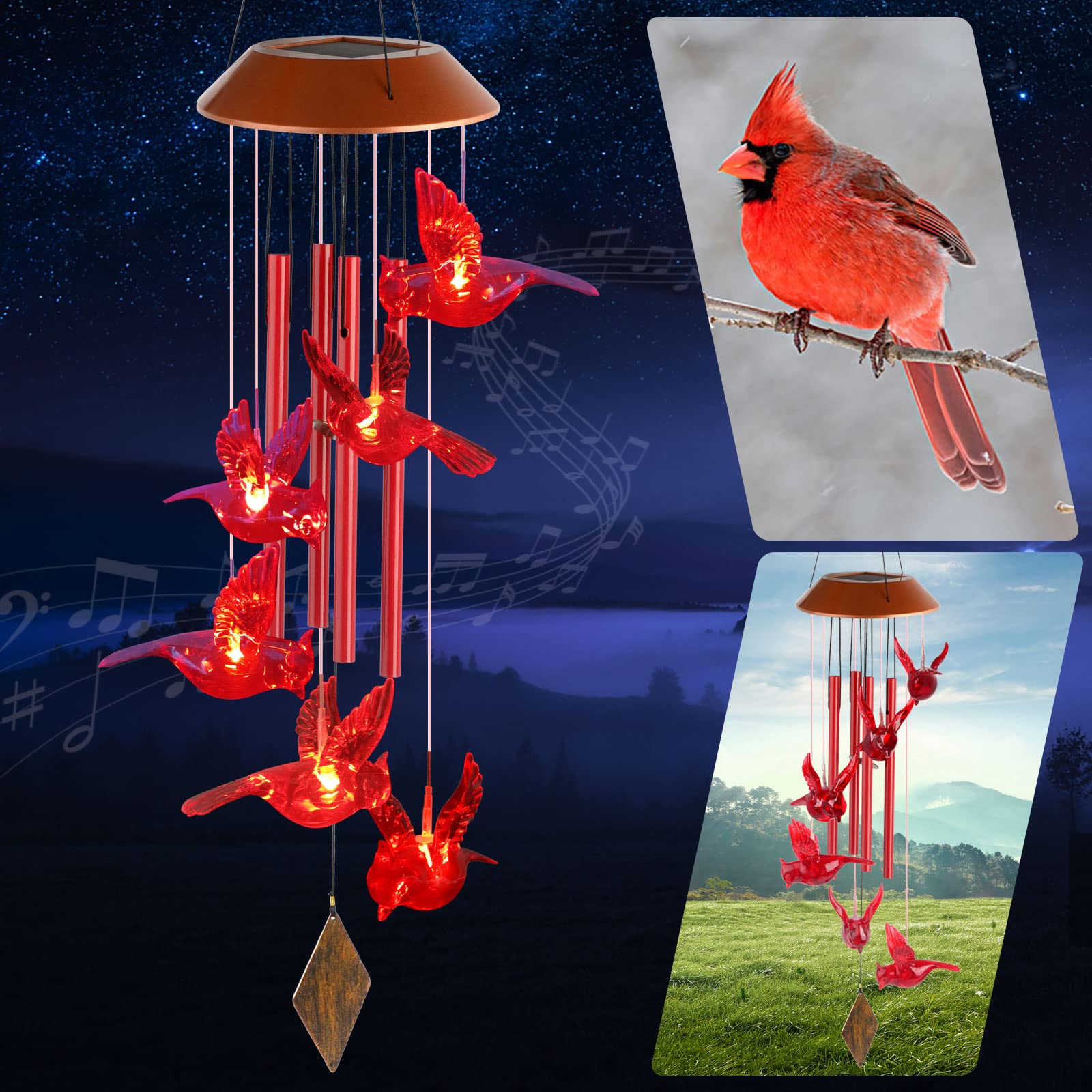 Halloween Decorations Outdoor Garden Decor Solar Cardinal Wind Chime Red Cardinal Gifts Women Gift Cardinal Windchime Gifts for Mom Cardinal Bird Halloween Party Gifts for Moms,Red Bird Cardinal Gift
