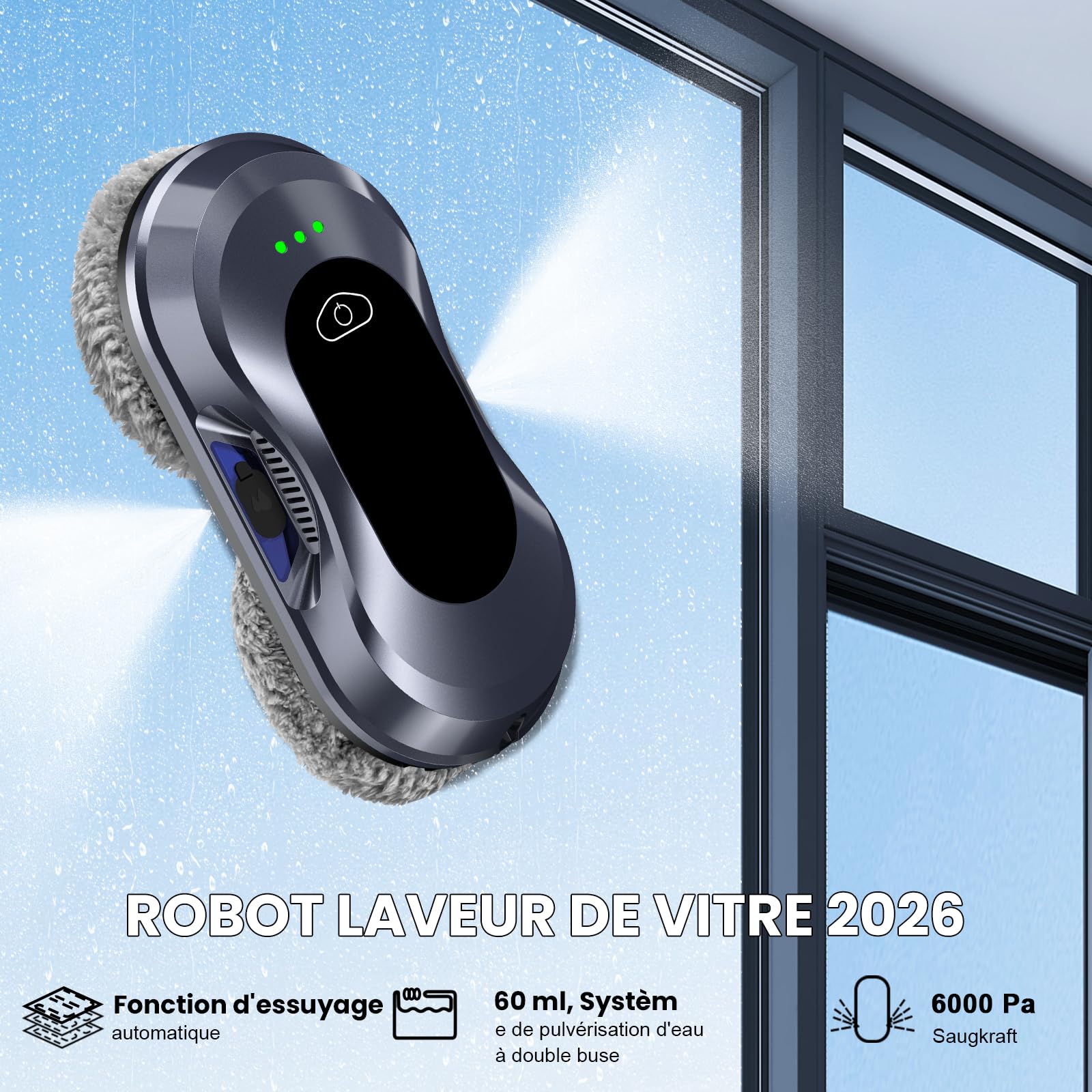 Robot Lave Vitres 2026 Version Améliorée, Puissance d'Aspiration 6000 Pa Double Buse, 3 Modes de Nettoyage, Planification de Trajet pour Entretien des Vitres & Surfaces Vitrées W22D