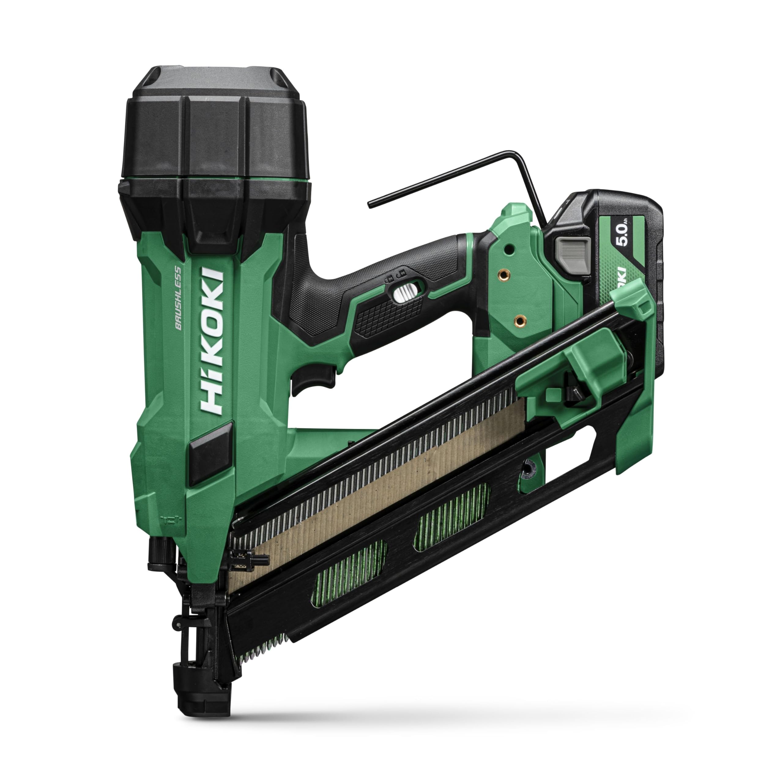 HiKOKI Chiodatrice a batteria 34° - 18 V, chiodi da 50-90 mm - Potente, luce LED, motore brushless, azionamento ad aria, regolazione della profondità senza attrezzi - Incl. 2 batterie 18V/5Ah +