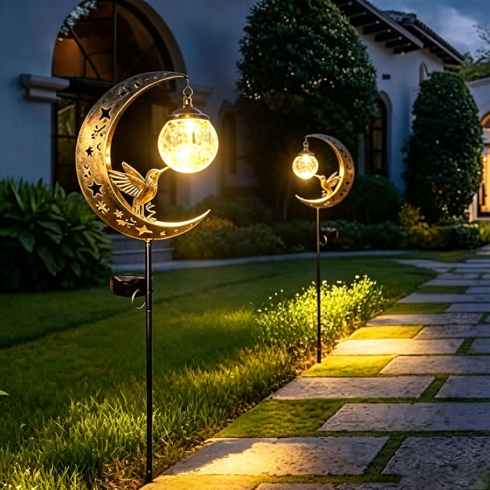 WSELiYi Solar Garden Stake Light Moon & Hummingbird with Crackle Glass Ball, Hummingbird Moon Solar Garden Stake Light, Waterproof Half Moon LED Pathway for Outside Yard Patio Lawn Outdoor Decor