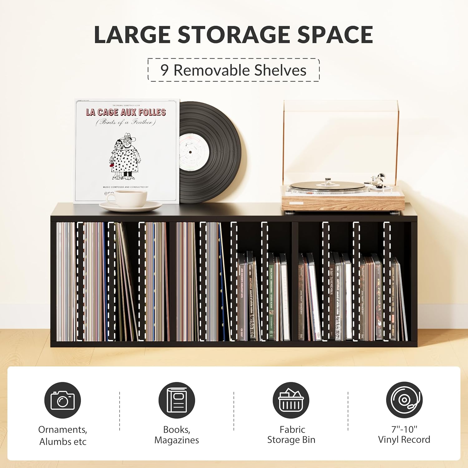 IOTXY DIY Modular Cube Bookcase - CubeXY Customizable Stackable Expandable Basic Shelving Units, 12-Cube Wooden Open Bookshelf with Removable Shelves for 10-inch Vinyl Record Storage Organizer, Black