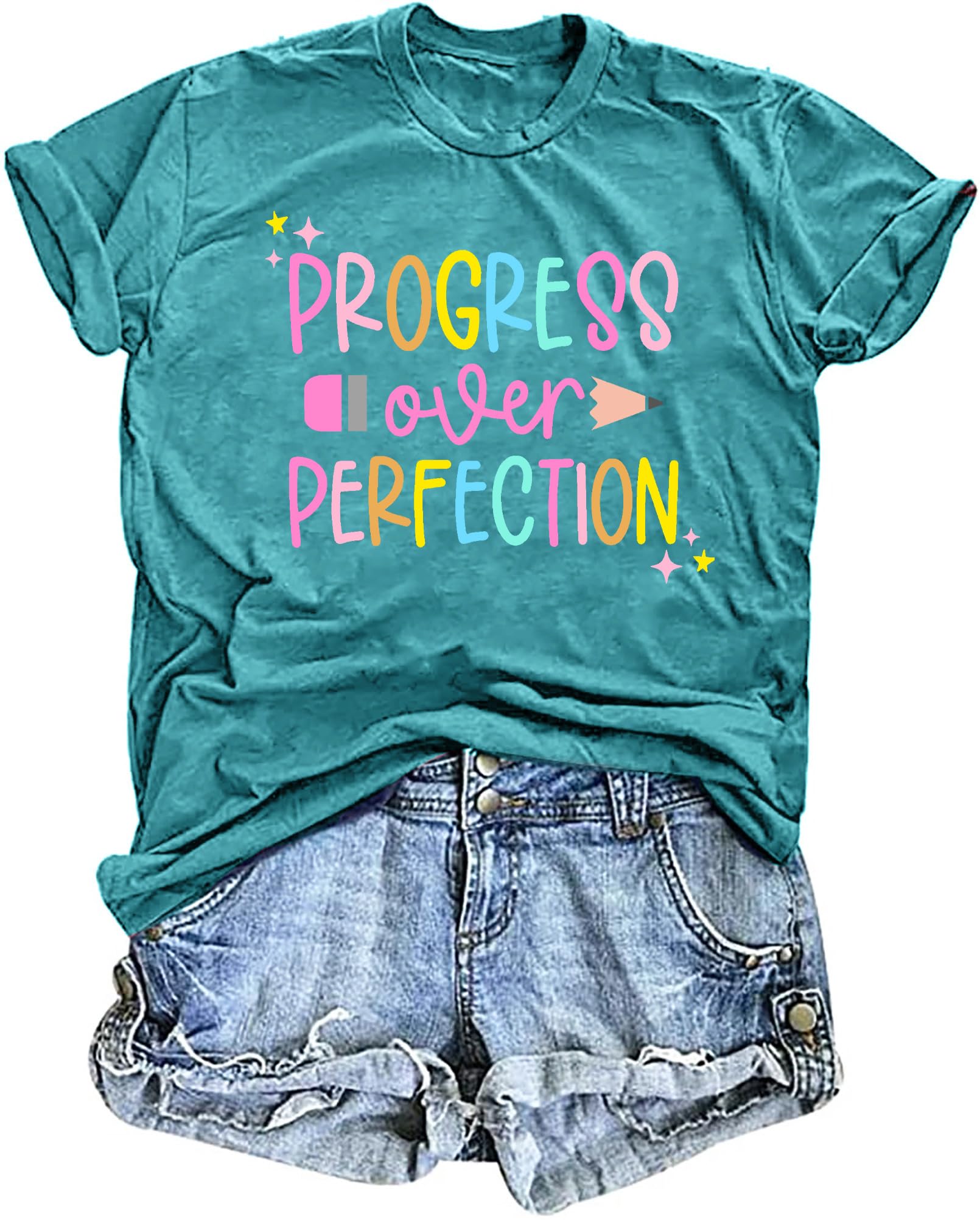 Teacher T-Shirt for Women Progress Over Perfection Graphic Shirt Inspirational School Teaching Tee Top