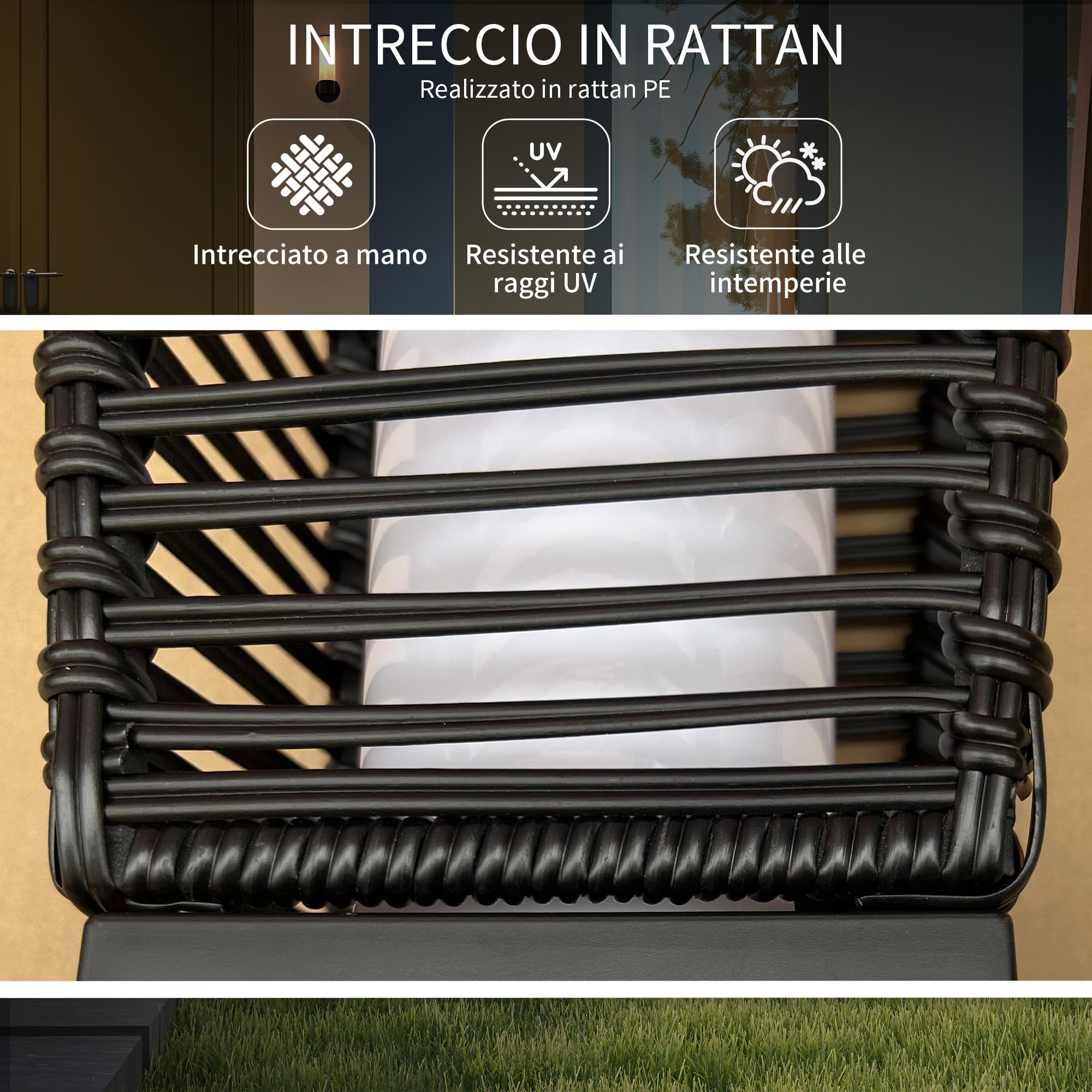 Outsunny Lampada Solare da Giardino Acciaio Rattan 20x20x68 cm Nero | Con Pannello di Ricarica