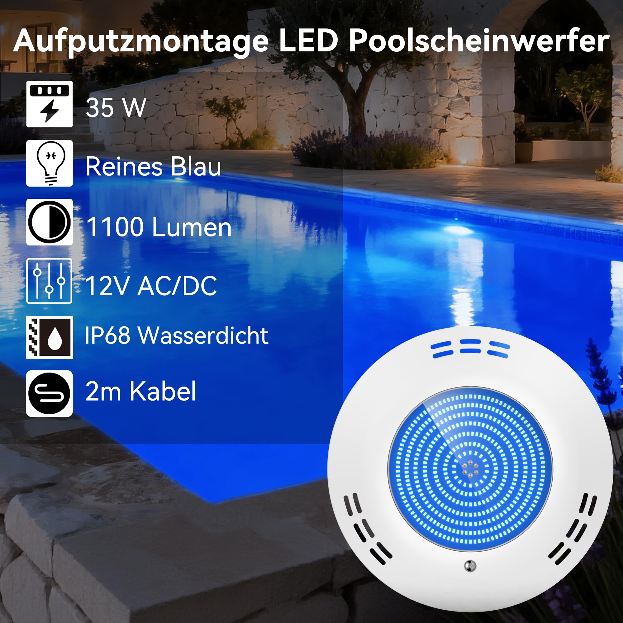 LyLmLe Harz Gefüllt LED Poolbeleuchtung Extra Flach,35W Poolscheinwerfer, Aufputzmontage Pool Lampen Unterwasser, 1100lm, 140°Abstrahlwinkel, IP68 Wasserdicht,Aufputzmontage,12V AC/DC,Reines Blau