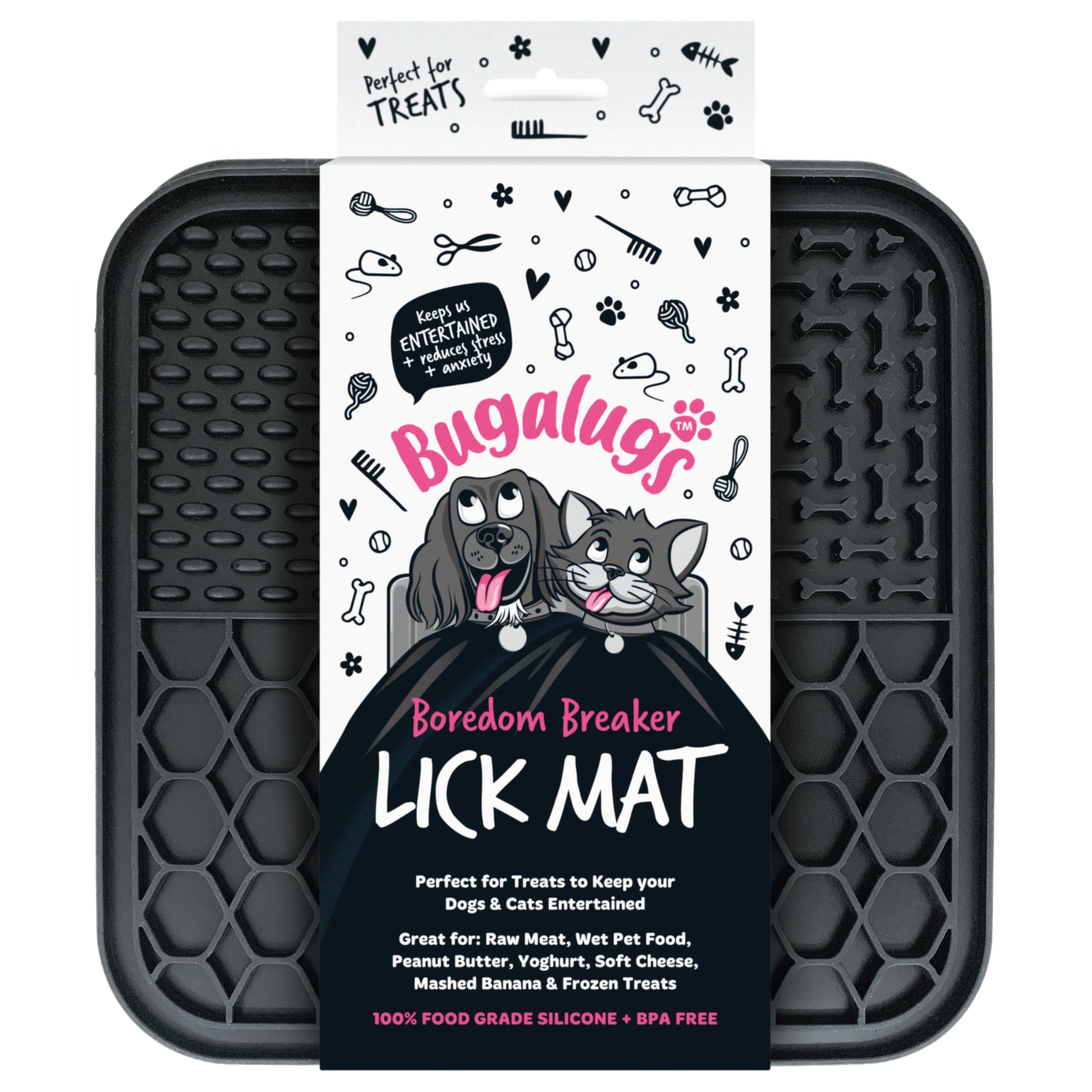 Bugalugs Boredom Breaker Lick Mat, 100% Food Grade Silicone Dog Mat, BPA Free, Dogs, Cats, Feeding & Licking Treat Pet Mats, Reduce Stress & Anxiety, Slow Feeder, Microwave (Black)