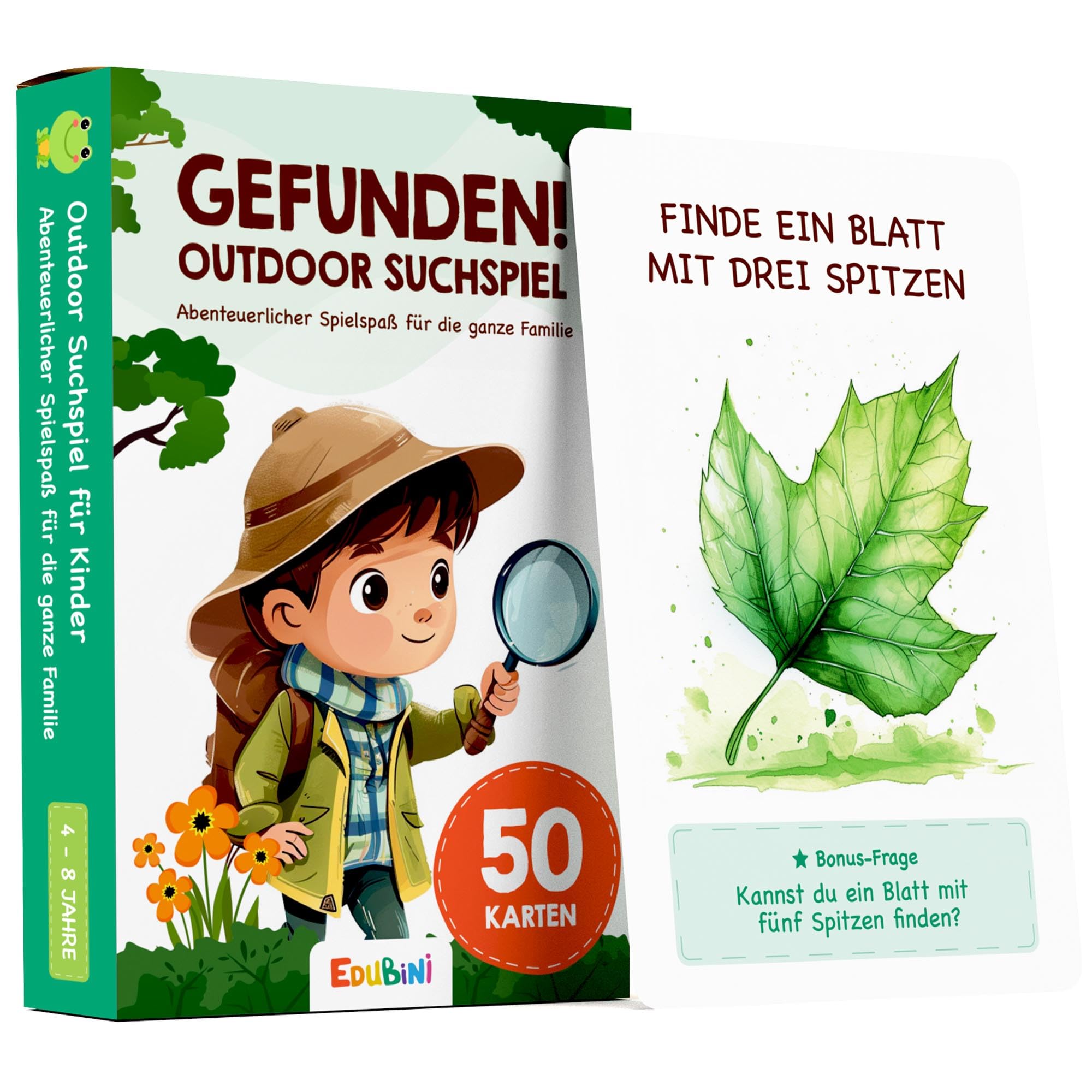 Edubini GEFUNDEN! Outdoor Suchspiel für Kinder ab 4 Jahren - [50 Karten] - Outdoor Spiele für Draußen, Schatzsuche, Garten, Spaziergänge & Wald - Reisespiele Geschenk für Jungen & Mädchen