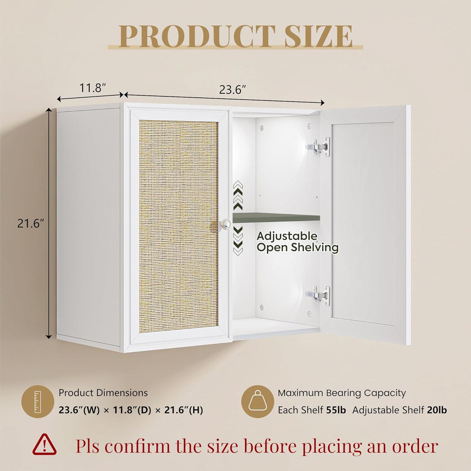 Laundry Room Cabinets 24INCH Bathroom Cabinets Wall Mounted with Adjustable Shelves, Rattan Wall Cabinet for Bedroom, Kitchen, Bathroom, White