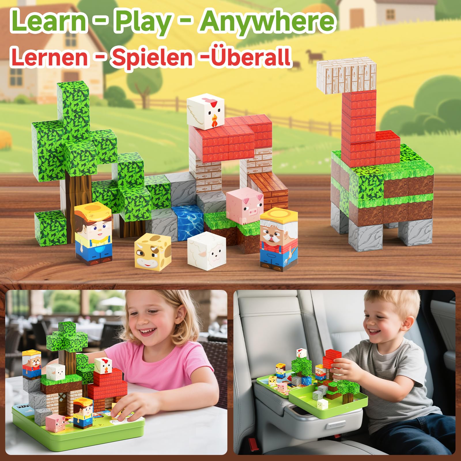 Giocattoli da viaggio a blocchi magnetici, 49 pezzi di blocchi da costruzione magnetici per bambini da 3-8 anni, giocattoli da viaggio per l'apprendimento prescolare STEM (Tema della fattoria)