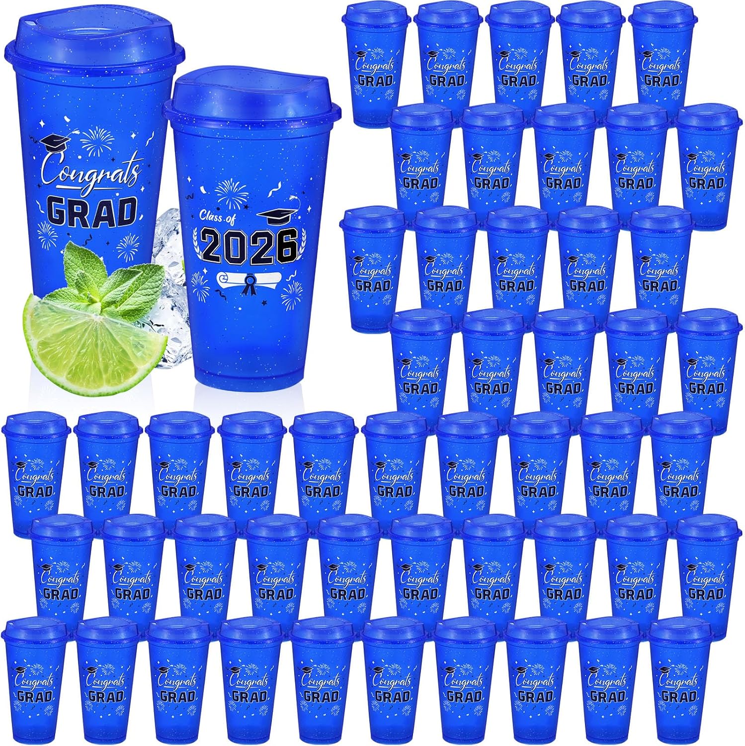 Skylety 50 Pcs Graduation Cups 2026, 16 oz Reusable Coffee Plastic Cups with Lids Graduation Party Cups for Grad Party Supplies Decorations Graduation Gift for Students Friends Classmates(Blue)