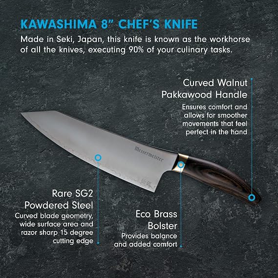 Messermeister Kawashima 8 Chefs Knife - SG2 Powdered Steel, Eco-Brass Bolster & Walnut Pakkawood Handle - Made in Seki, Japan