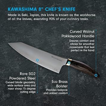 Messermeister Kawashima 8 Chefs Knife - SG2 Powdered Steel, Eco-Brass Bolster & Walnut Pakkawood Handle - Made in Seki, Japan