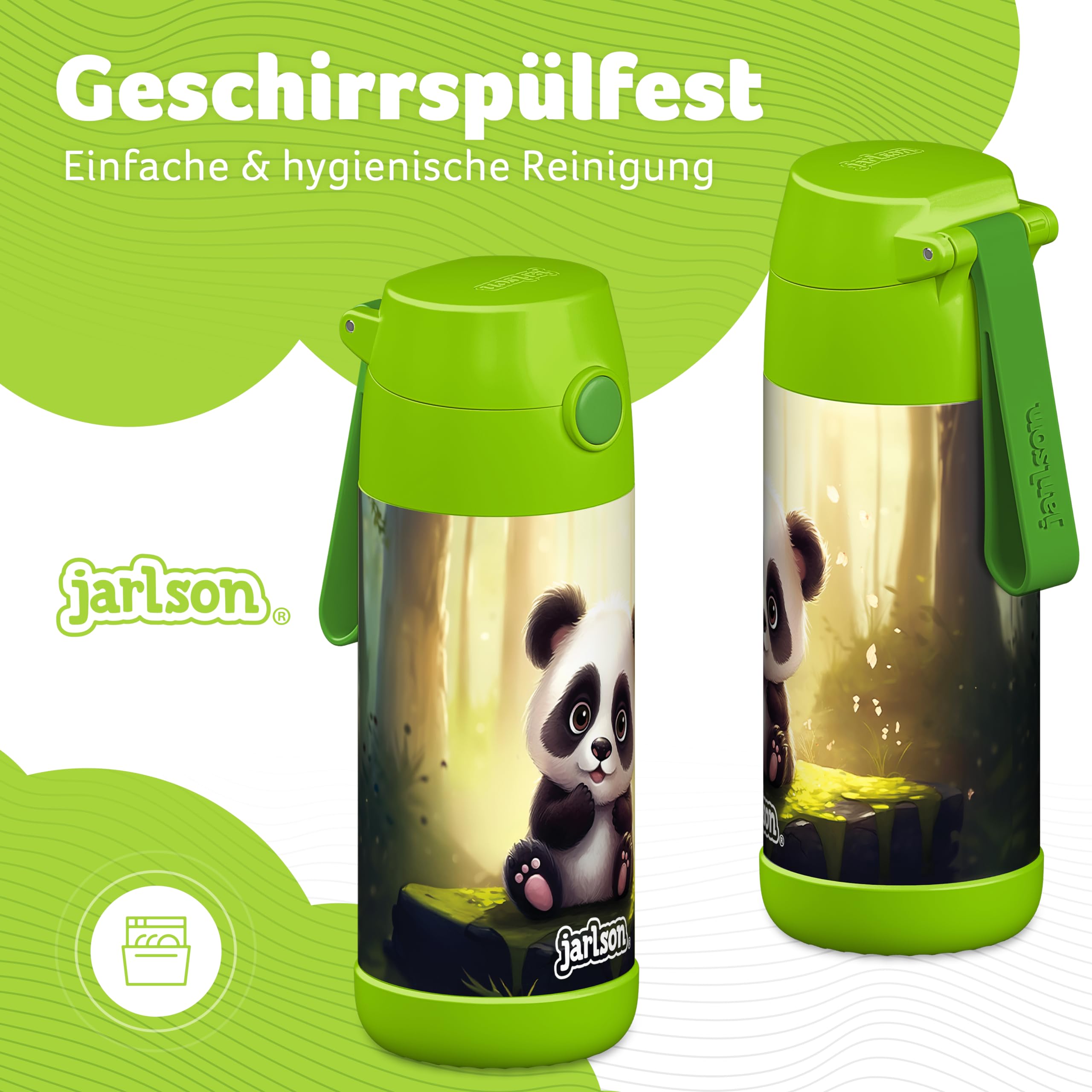 Jarlson® Borraccia Bambini Acciaio Inox MALI, Bottiglia Termica, Senza BPA, Bottiglia Acqua, Termos, Thermos - 350ml - Panda