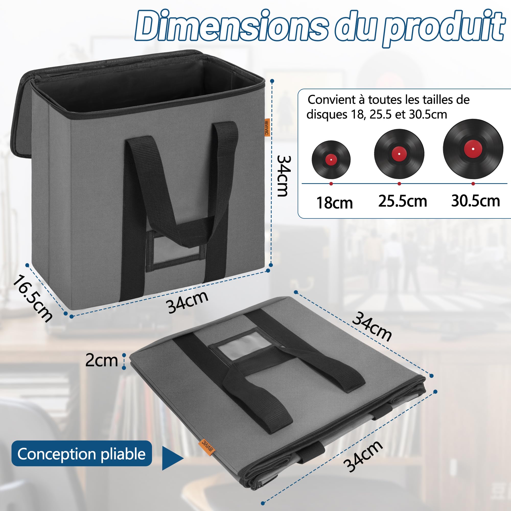 OUUTMEE - Bolsa de transporte para discos de vinilo con cremallera, capacidad hasta 50 solteros, funda de almacenamiento impermeable plegable para álbumes, CD, documentos, gris, S Talla, Bolsa de