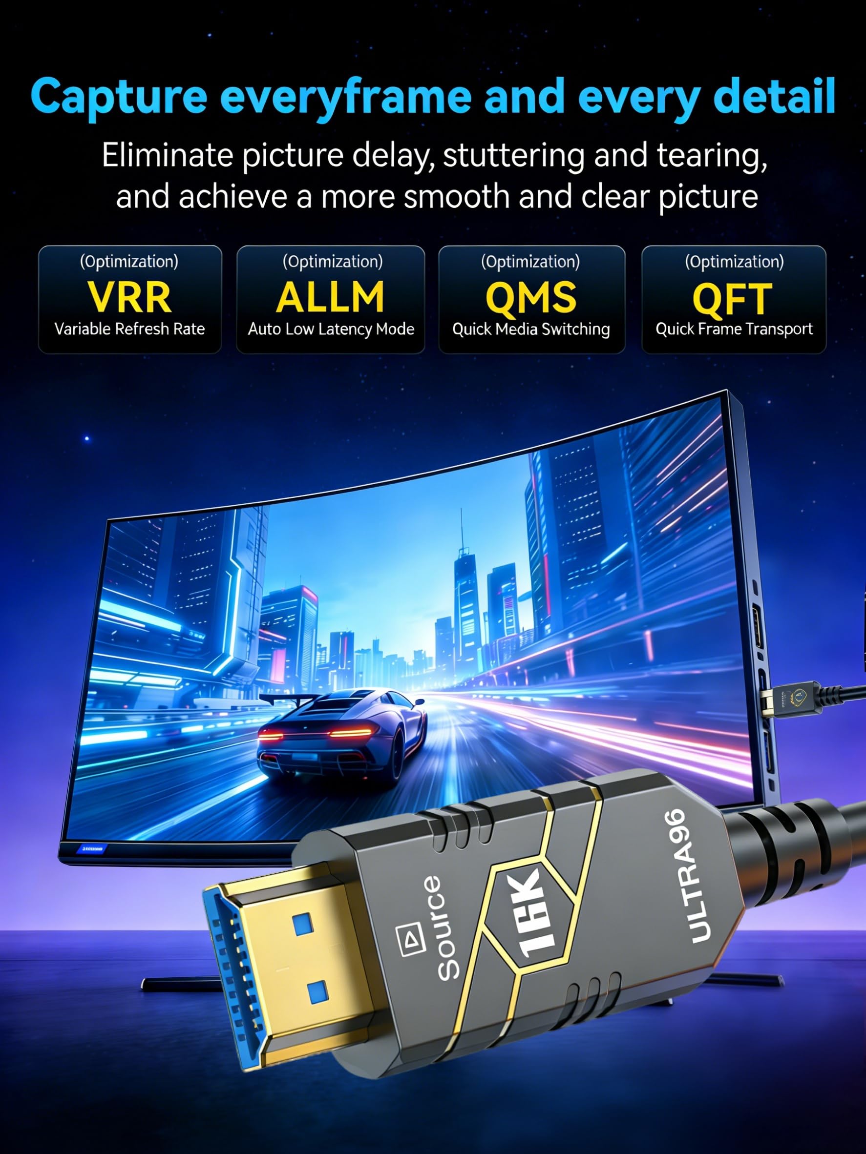 Cable de fibra óptica HDMI2.2 de 2 m, 16 K, 96 Gbps de ultra alta velocidad, 4K240Hz 4K144Hz 8K120Hz 16K60Hz, HDCP 2.2 y 2.3, HDR dinámico, eARC, DTS, largo delgado y flexible para