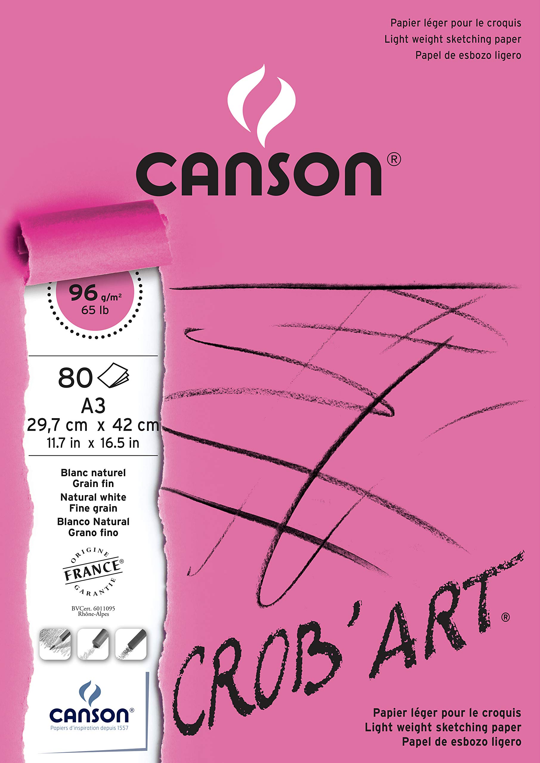 Canson 400100171 Crob'Art Bloc de papier à dessin collé petit côté 80 feuilles 96 g A3 Blanc naturel