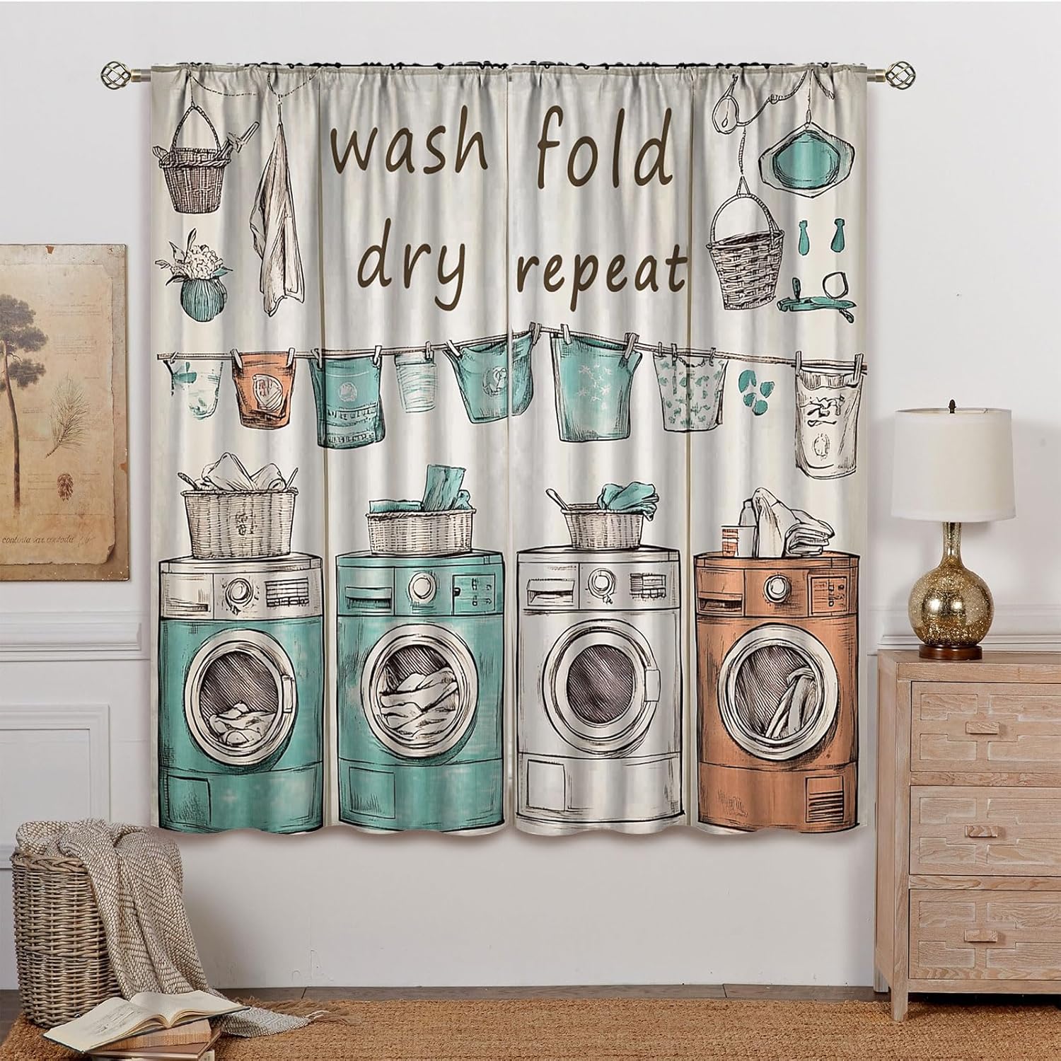 Laundry Room Curtains for Bedroom 2 Panels Set,Privacy Uv Protection Dry Wash Fold Repeat Farmhouse Curtain Blackout Thermal Insulated Room Darkening Rod Pocket Curtains for Living Room,42 x 45 Inch