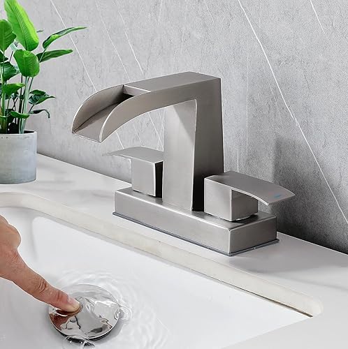 Miniatura 6 de Grifo de lavabo central de 4 pulgadas, grifo de baño de doble manija, adecuado para remodelación de baño, de dos o 3 agujeros, de níquel cepillado