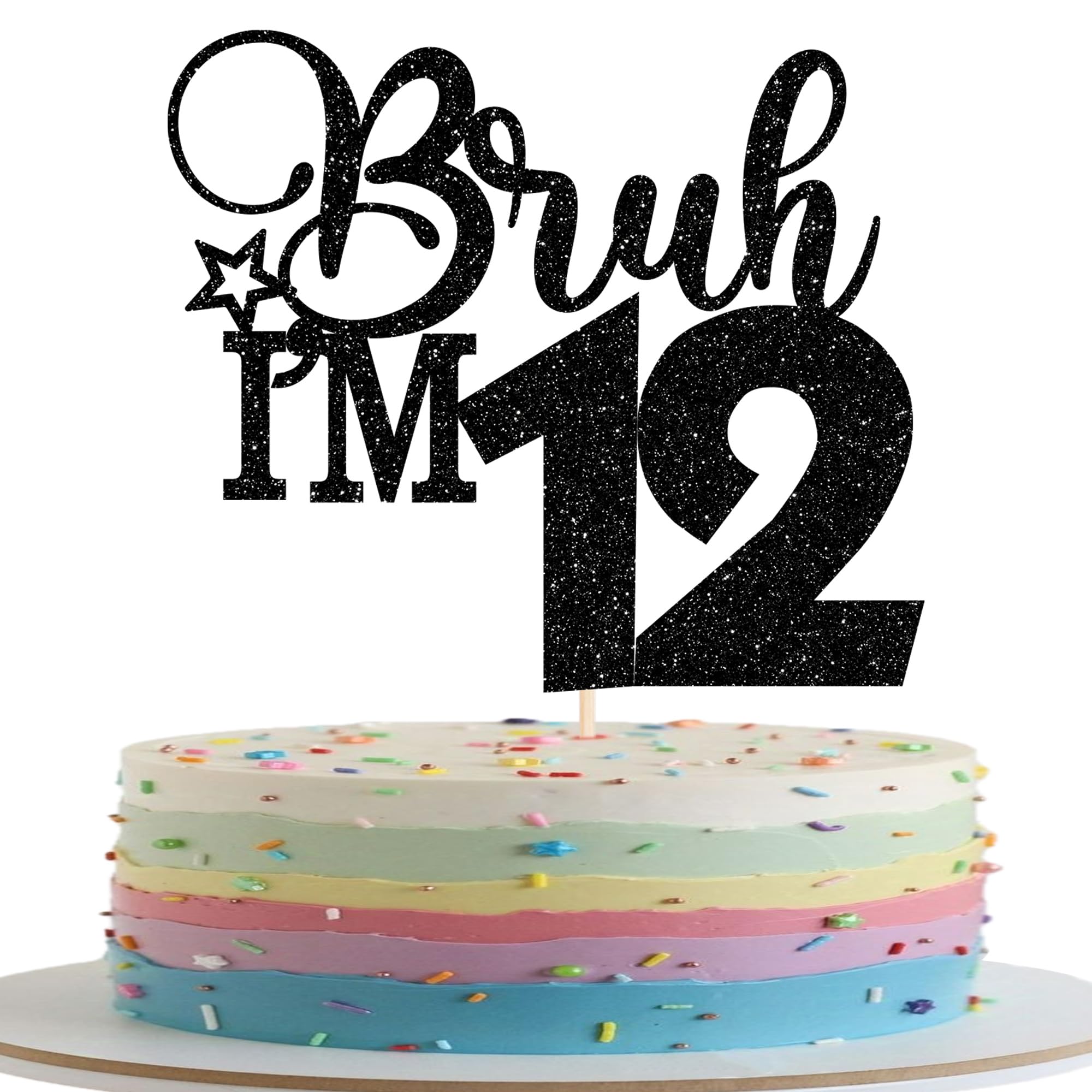 1 Stück BRUH I'm 12 Tortendeko Happy 12th Geburtstag Kuchen Deko Glitzer BRUH I'm 12 Cake Topper für Prost auf 12 Jahre Kinder 12th Geburtstag Party Kuchen Dekoration Schwarz