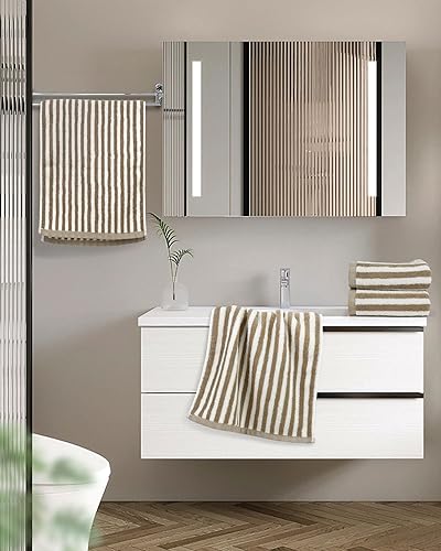 Miniatura 3 de Cleanbear Toallas de mano, toalla de mano de algodón a rayas para baño, rayas marrones claras y blancas para decoración de baño, 13 x 28 pulgadas