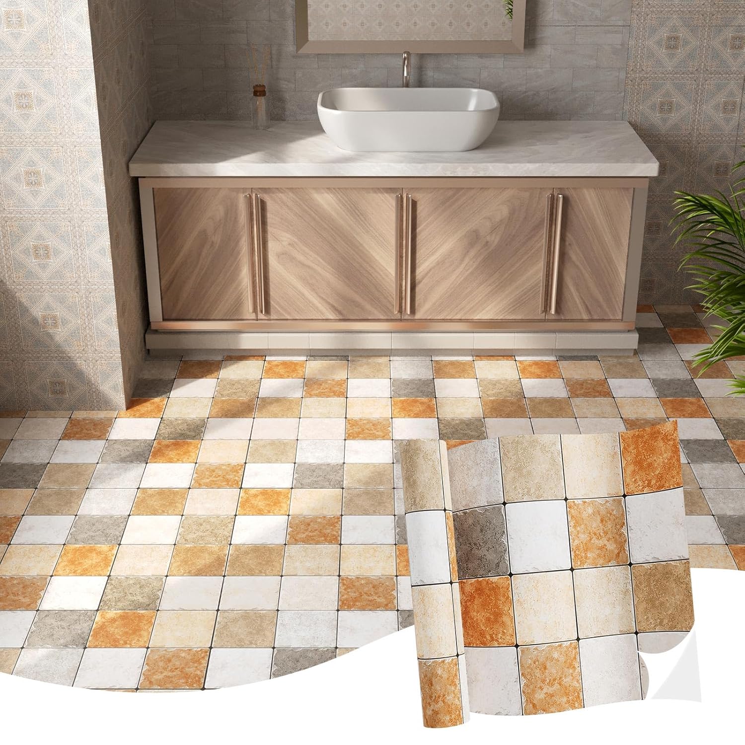 oxdigi vinyl flooring roll 64 sq.ft | 24"w x 396"l, rustic marble peel and stick floor tiles waterproof for bathroom, kitchen, rv, easy to install diy heavy-duty vinyl floor covering, warm tone tile 24"wx 393"l warm tone tiles