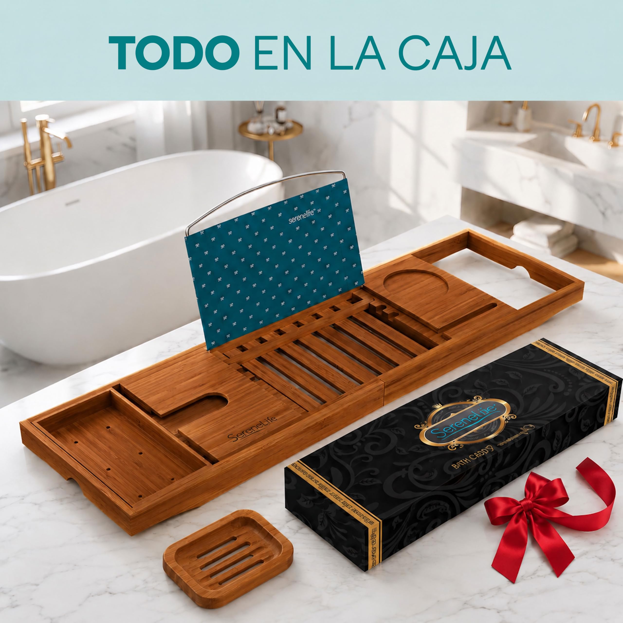 SereneLife Bandeja bañera, Bambu, Extensible, Ajustable, Soporte para Copa de Vino, Libro, Movil, Tablet