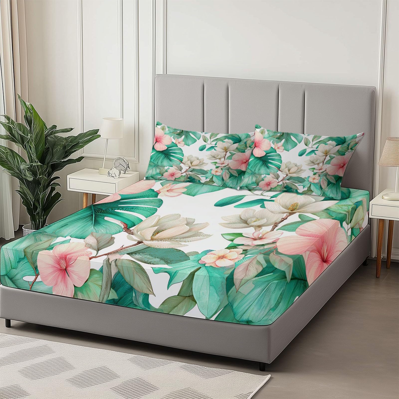 90 x 190 cm, niebiesko-białe prześcieradło z gumką, kwiaty magnolia liście Monstera, miękka czapka z mikrofibry 30 cm, 2-osobowy materac z mikrofibry, bardzo miękki i oddychający z gumką dookoła