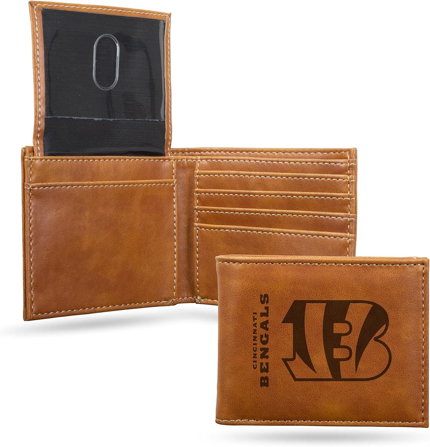 Rico Industries NFL Cincinnati Bengals Billfold Wallet, Brown - Laser Engraved Vegan Leather, 4 Card Slots, ID Window
