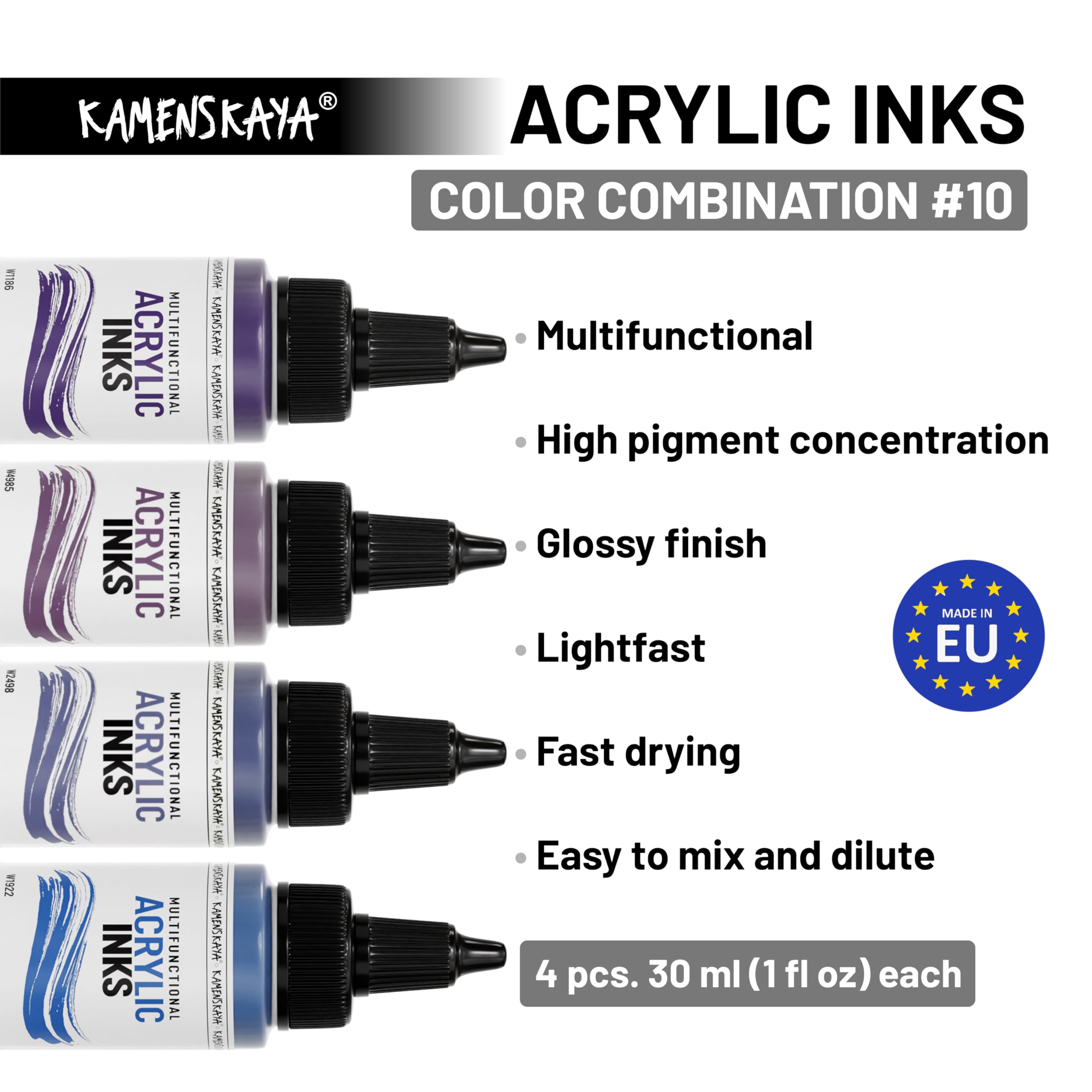 Kamenskaya Acrylic Inks for Artists - Acrylic Ink Set, Color Combination #10-4 pcs. 1 Fl Oz (30 ml) Each, 30 ml (Pack of 4) - Image 3