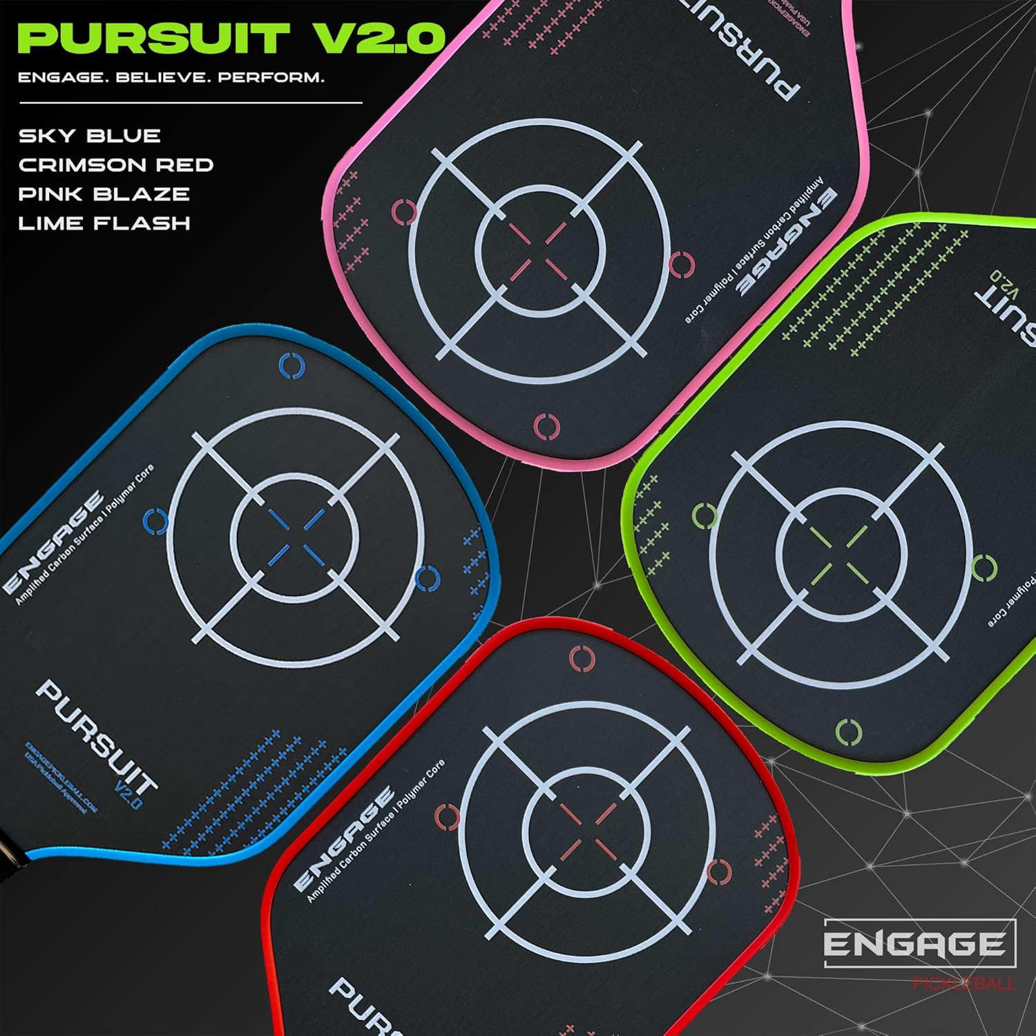 Engage Pursuit V2.0 Pickleball Paddle - Amplified Carbon Surface for Superior Control & Spin with Response+ Polymer Core, USAPA Approved - Designed for Players of Any Skill Level