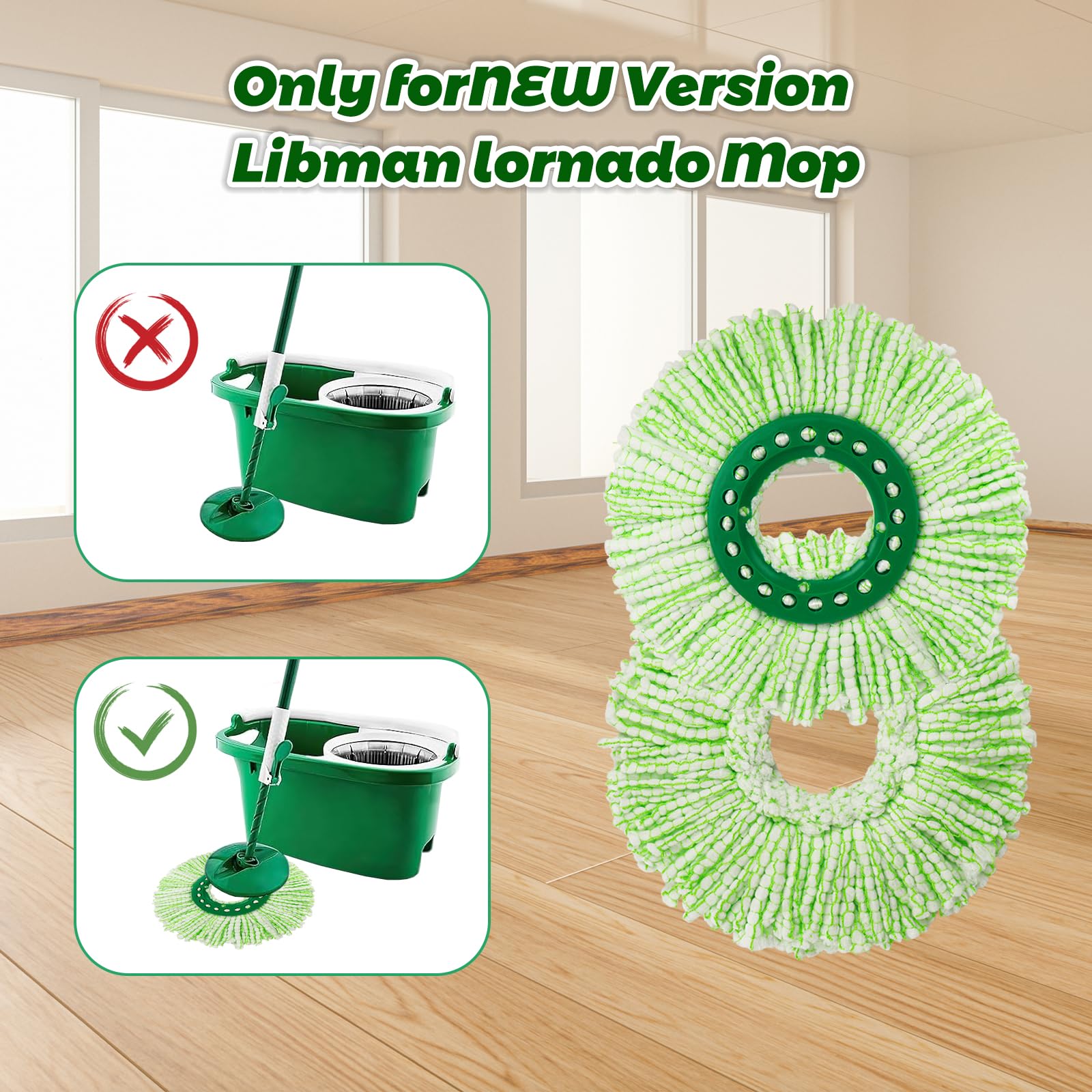 Paquete de 6 cabezales de repuesto para fregona Libman Tornado, sistema de fregona giratoria, cabezal de repuesto de microfibra lavable a máquina, fácil de reemplazar (verde y blanco)