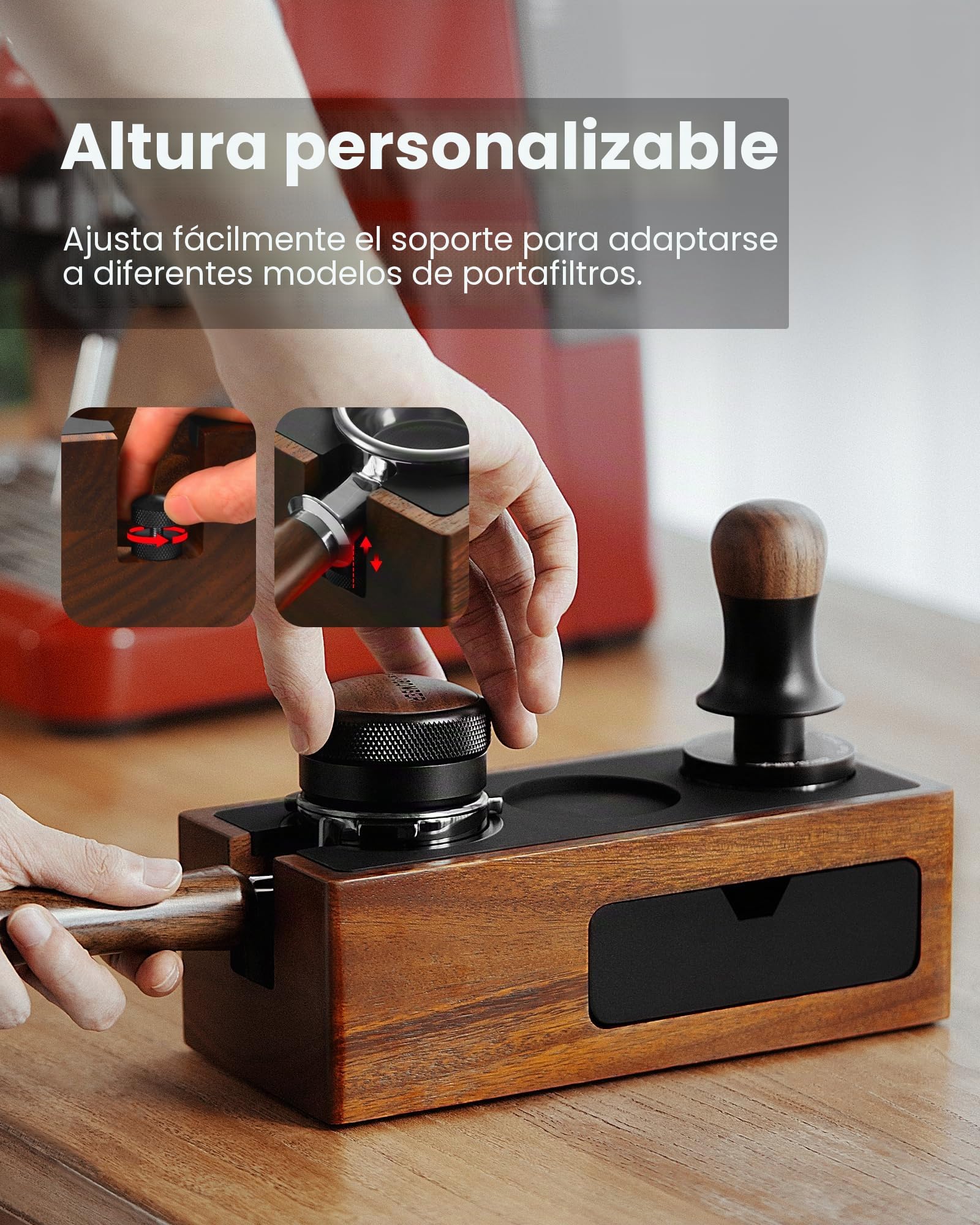 MHW-3BOMBER Estación de apisonamiento de espresso, caja organizadora 4 en 1 de nogal con cajón magnético para almacenamiento de espresso de 51 a 58 mm, distribuidor, portafiltro y accesorios de